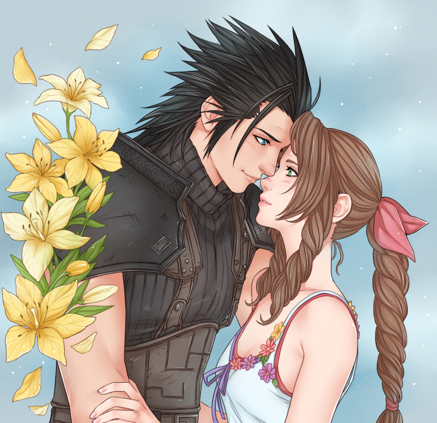 1boy 1girl aerith_gainsborough armor armpit_crease bare_shoulders black_hair black_sweater blue_eyes blush braid braided_ponytail breasts brown_hair closed_mouth commentary couple crisis_core_final_fantasy_vii crylin6 dress drill_hair drill_sidelocks english_commentary final_fantasy final_fantasy_vii flower forehead-to-forehead from_side green_eyes hair_ribbon hand_on_another&#039;s_arm heads_together height_difference highres looking_at_another parted_lips pink_lips pink_ribbon ponytail profile ribbed_sweater ribbon shoulder_armor sidelocks sleeveless sleeveless_dress sleeveless_turtleneck small_breasts spiked_hair suspenders sweater turtleneck turtleneck_sweater upper_body white_dress yellow_flower zack_fair