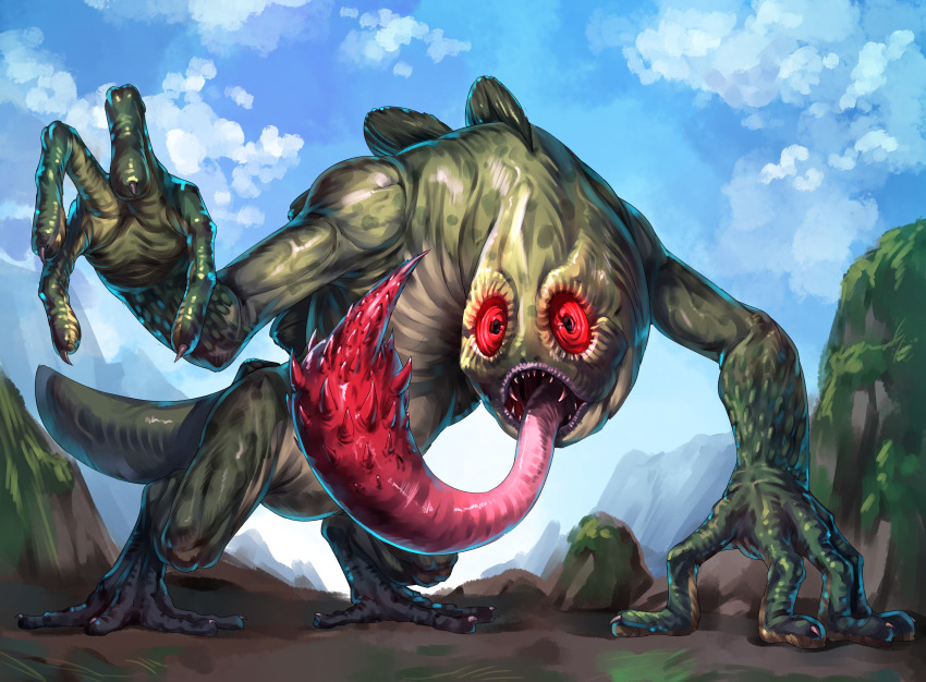 absurdres arm_up blue_sky chupacabra_(idolmaster) claws colored_sclera commentary day english_commentary full_body hand_on_ground highres hold111 idolmaster idolmaster_million_live! idolmaster_million_live!_theater_days long_tongue monster monster_focus mountain no_humans open_mouth outdoors red_eyes red_sclera sharp_teeth sky tail teeth tongue very_long_tongue