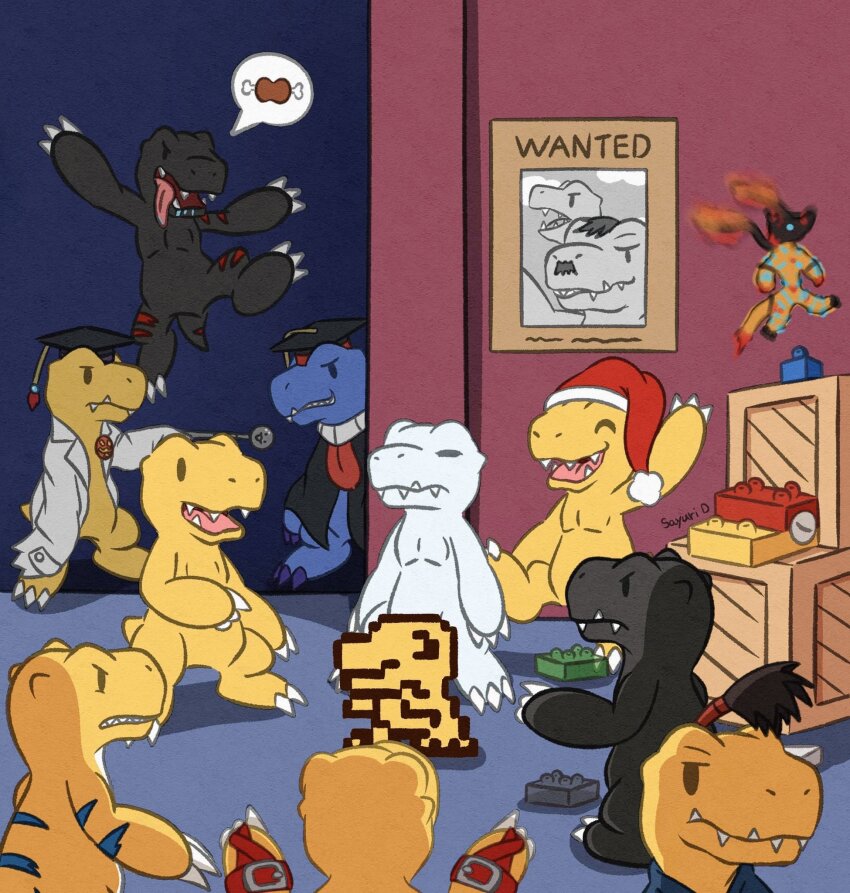 agumon agumon_(black) agumon_(black)_x-antibody agumon_(digimon_savers) agumon_-yuki_no_kizuna- agumon_hakase agumon_x-antibody belt bushiagumon clearagumon digimon fangs hat highres meme nise_agumon_hakase pointing pointing_at_another pointing_spider-man_(meme) santaagumon sayuri_d_(liliana86973943) sharp_teeth teeth toyagumon toyagumon_(black)