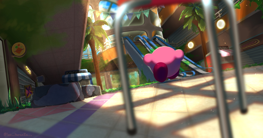 colored_skin escalator grass highres indoors kirby kirby_(series) kirby_and_the_forgotten_land leo_taranza moss nintendo no_humans palm_tree pink_skin solo string_of_flags tree twitter_username window