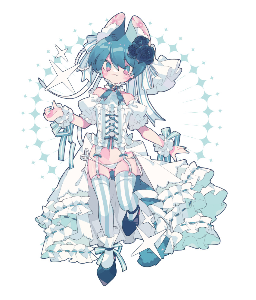 1boy absurdres animal_ear_fluff animal_ears aqua_eyes aqua_hair aqua_nails aqua_ribbon aqua_theme black_flower black_rose black_shoes blush bright_pupils cat_boy cat_ears cat_tail closed_mouth commentary corset crossdressing crossdressing_(mtf) dated_commentary detached_sleeves eyes_visible_through_hair fang flower full_body garter_straps gluteal_fold groin hair_flower hair_ornament hair_ribbon hand_up highres leg_up male_focus original ozureiji panties puffy_short_sleeves puffy_sleeves ribbon rose shoes short_hair short_sleeves showgirl_skirt side-tie_panties skin_fang smile socks socks_over_thighhighs solo symbol-only_commentary tail tail_ornament tail_ribbon thighhighs trap tsurime underwear white_corset white_panties white_pupils white_ribbon white_socks white_thighhighs wrist_cuffs