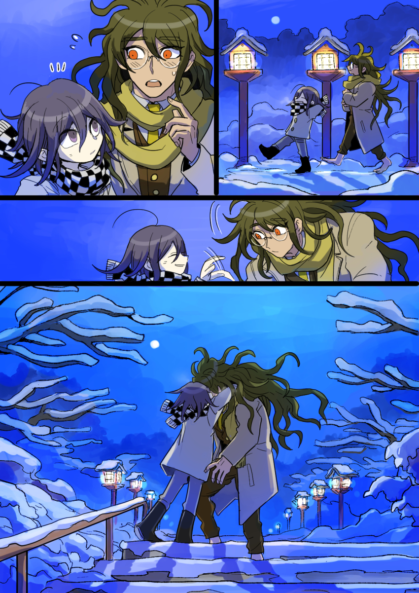 2boys bare_tree barefoot checkered_clothes checkered_scarf danganronpa_(series) danganronpa_v3:_killing_harmony glasses gokuhara_gonta green_hair highres kiss kumakoro_(tetsupag) long_hair long_sleeves male_focus messy_hair moon multiple_boys night oma_kokichi orange_eyes outdoors purple_eyes round_eyewear scarf snow tree winter winter_clothes yaoi yellow_scarf
