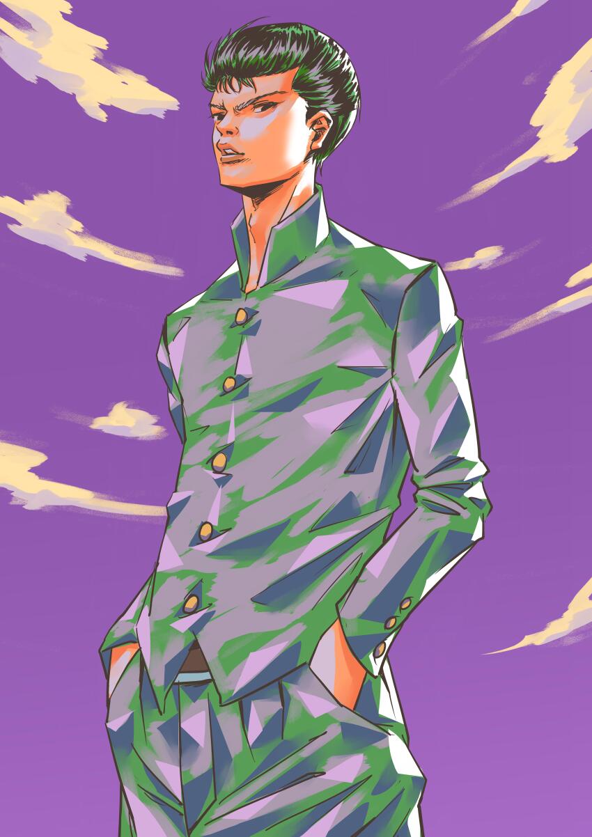 1boy absurdres black_hair black_jacket buttons cloud commentary cowboy_shot english_commentary gakuran green_jacket hands_in_pockets highres jacket looking_at_viewer male_focus neoncube parted_lips purple_sky school_uniform short_hair sky solo urameshi_yusuke yuu_yuu_hakusho