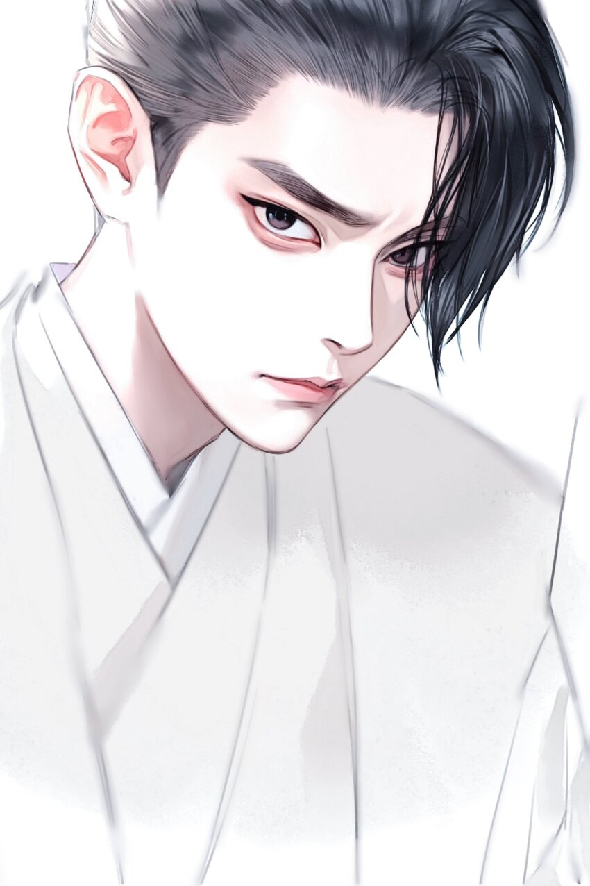 1boy black_eyes black_hair chinese_clothes chinese_commentary closed_mouth commentary eyeshadow hashtag-only_commentary highres li_chengze looking_at_viewer makeup male_focus qing_yunian robe shirt simple_background solo toscana20460423 upper_body white_background white_robe