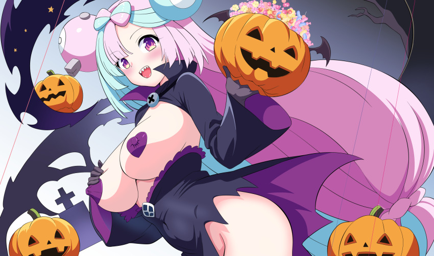 1girl alternate_costume breasts highres iono_(pokemon) large_breasts multicolored_hair nintendo no_panties open_mouth pokemon pokemon_sv pon_tanuki_(ga7fsrge9jxblaw) sharp_teeth solo teeth two-tone_hair