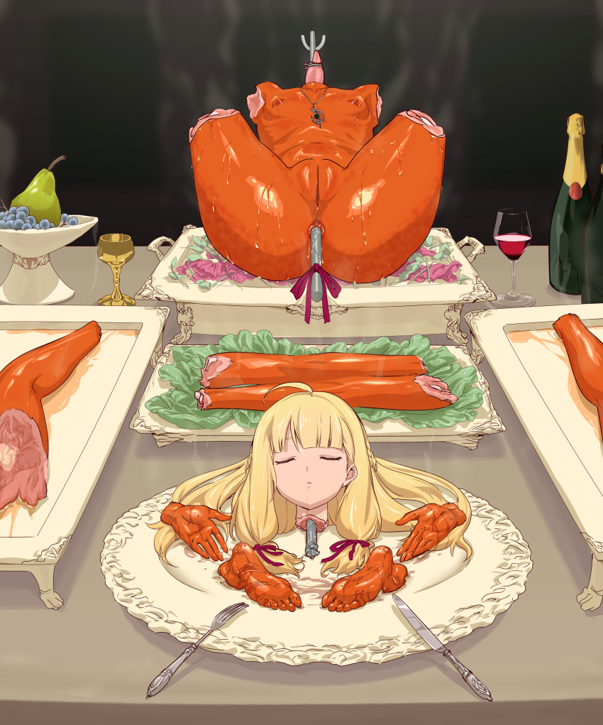 1girl ahoge blonde_hair bottle cannibalism closed_eyes completely_nude cup decapitation drinking_glass guro john0819 long_hair nipples nude parted_lips pussy solo sonia_(tales_of_crestoria) tales_of_(series) tales_of_crestoria wine_glass