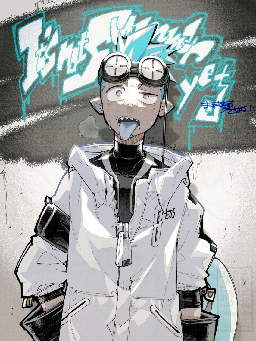 1boy arknights bandaid bandaid_on_face bandaid_on_nose black_gloves black_shirt blue_hair commentary_request english_text ethan_(arknights) gloves goggles goggles_on_head highres hood hood_down hooded_jacket jacket looking_at_viewer male_focus open_mouth oversized_zipper pointy_ears sharp_teeth shirt sweat takeuchi_(a3) teeth tongue tongue_out white_jacket zipper
