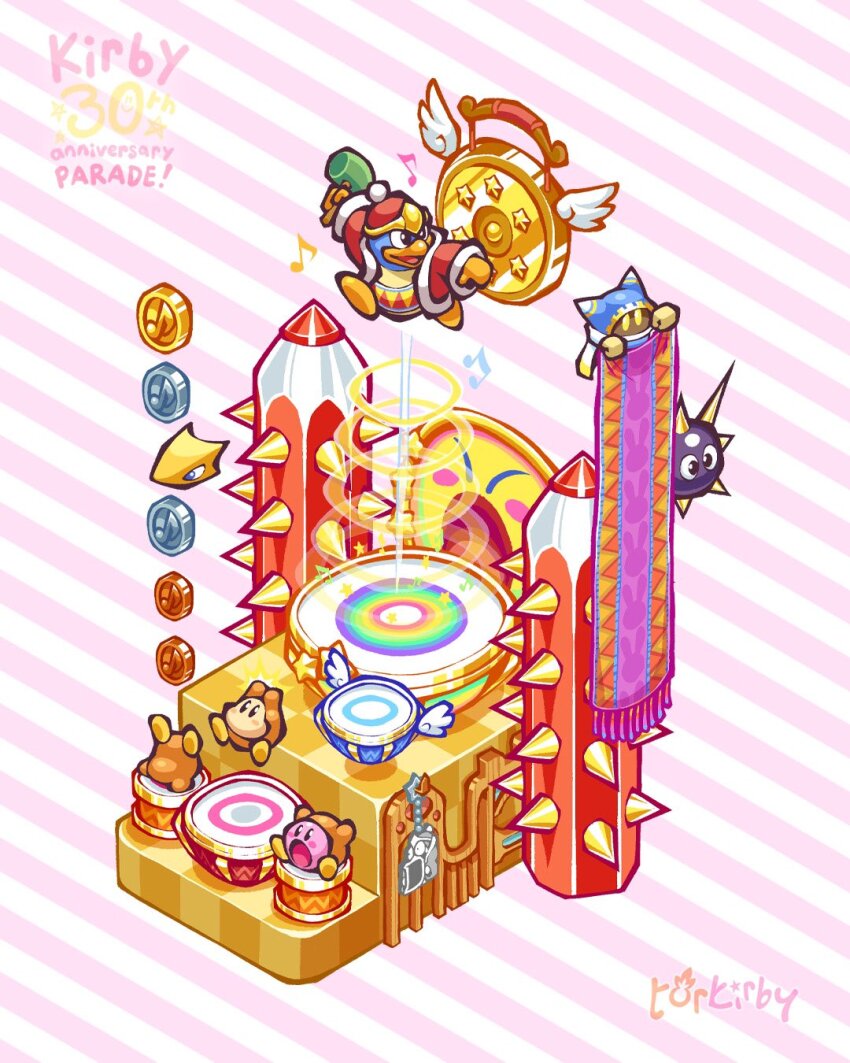 anniversary artist_name blush blush_stickers bouncing character_name charm_(object) coat coin copyright_name dedede&#039;s_drum_dash drum gong gordo hammer hat highres holding holding_hammer hypernova_kirby instrument king_dedede kirby kirby_(series) magolor musical_note nintendo open_clothes open_coat open_mouth pom_pom_(clothes) red_coat red_hat soarar spikes star_(symbol) striped_background torkirby two-tone_background waddle_dee wings