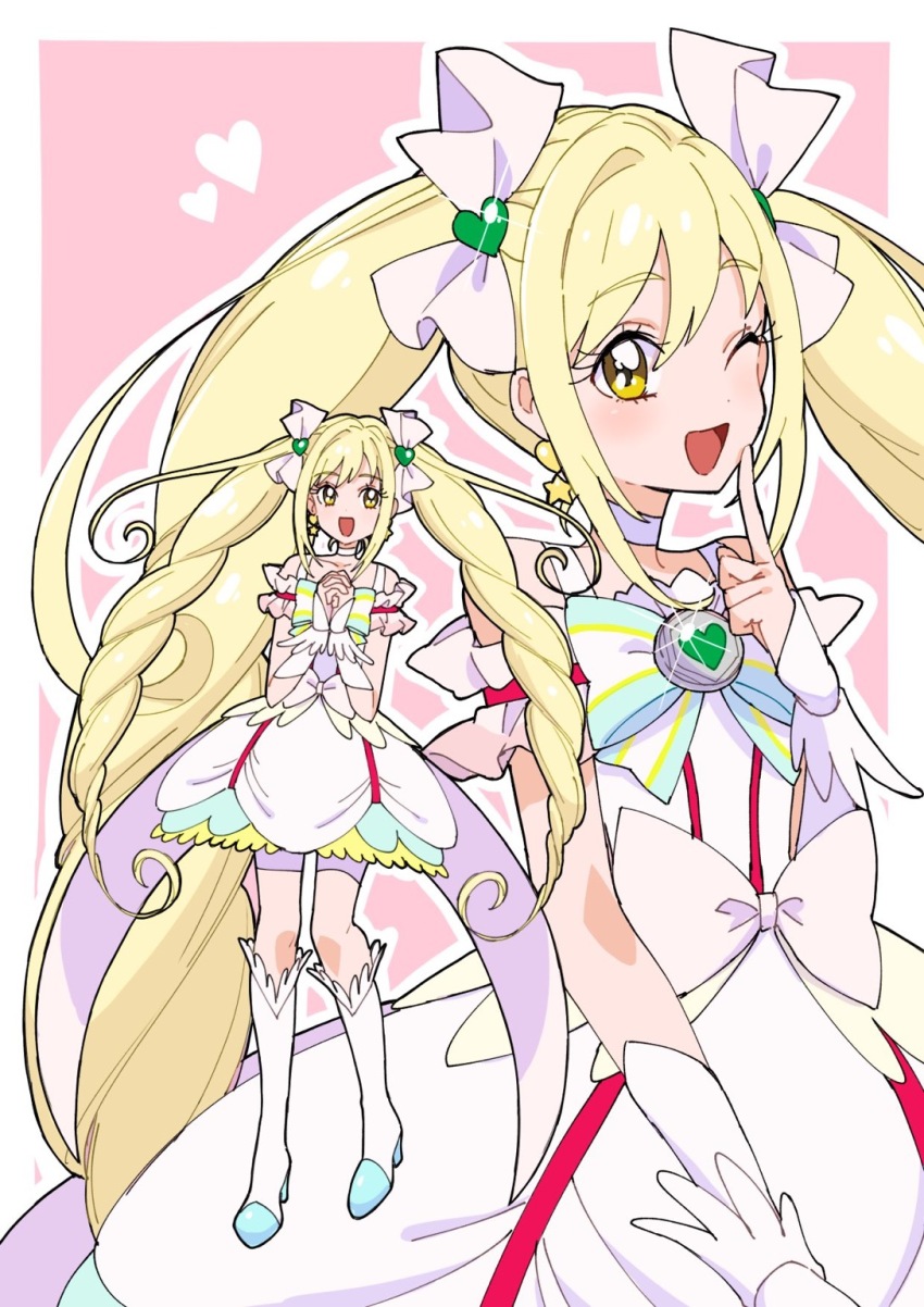 1girl :d ;d blonde_hair boots border bow cure_echo dress floating_hair hair_ornament heart heart_hair_ornament highres knee_boots long_hair one_eye_closed open_mouth outline own_hands_clasped own_hands_together pink_background precure precure_all_stars precure_all_stars_new_stage:_mirai_no_tomodachi sakagami_ayumi shirako_love short_dress smile solo sparkle standing twintails very_long_hair white_border white_bow white_dress white_outline yellow_eyes
