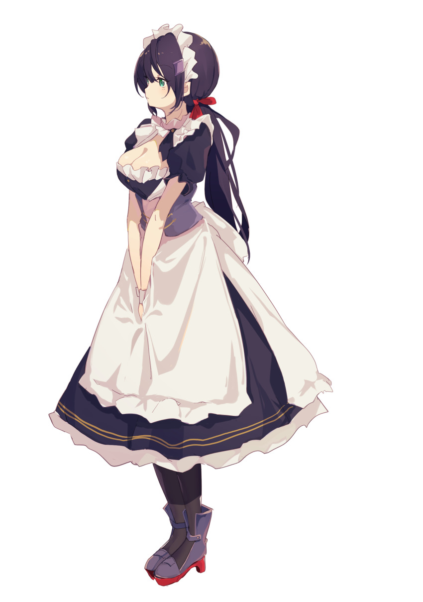 1girl absurdres apron azur_lane black_footwear black_hair black_legwear breasts cleavage collarbone commentary_request full_body glasgow_(azur_lane) green_eyes hair_ribbon high_heels highres large_breasts long_hair looking_away low_twintails maid maid_apron maid_headdress ribbon short_sleeves sidelocks simple_background solo standing suwakana twintails v_arms white_background