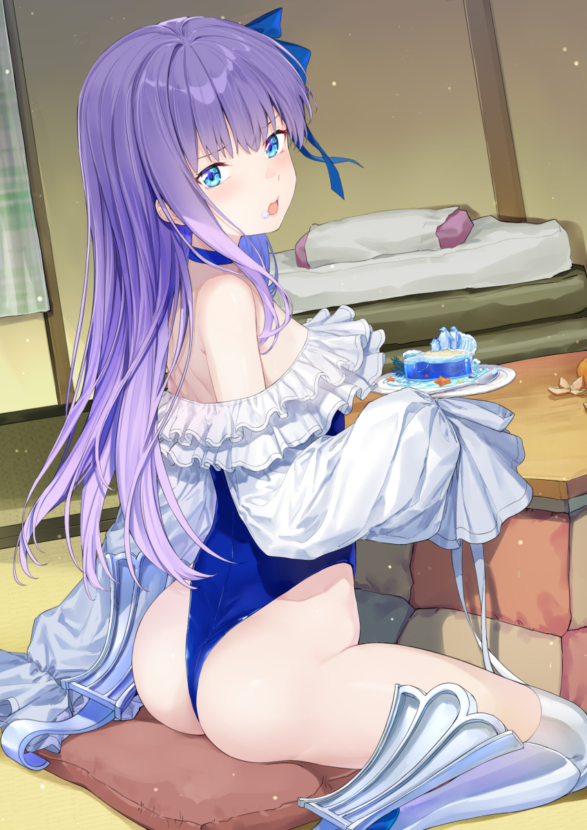 1girl ass back bare_shoulders blue_eyes blue_ribbon blush breasts cake choker coffeekite eating fate/grand_order fate_(series) food frills hair_ribbon highleg highleg_one-piece_swimsuit highres long_hair long_sleeves looking_at_viewer meltryllis meltryllis_(fate) meltryllis_(swimsuit_lancer)_(fate) meltryllis_(swimsuit_lancer)_(second_ascension)_(fate) off-shoulder_one-piece_swimsuit off_shoulder one-piece_swimsuit open_mouth prosthesis prosthetic_leg puffy_sleeves purple_hair ribbon sleeves_past_fingers sleeves_past_wrists small_breasts solo swimsuit thighs very_long_hair white_ribbon