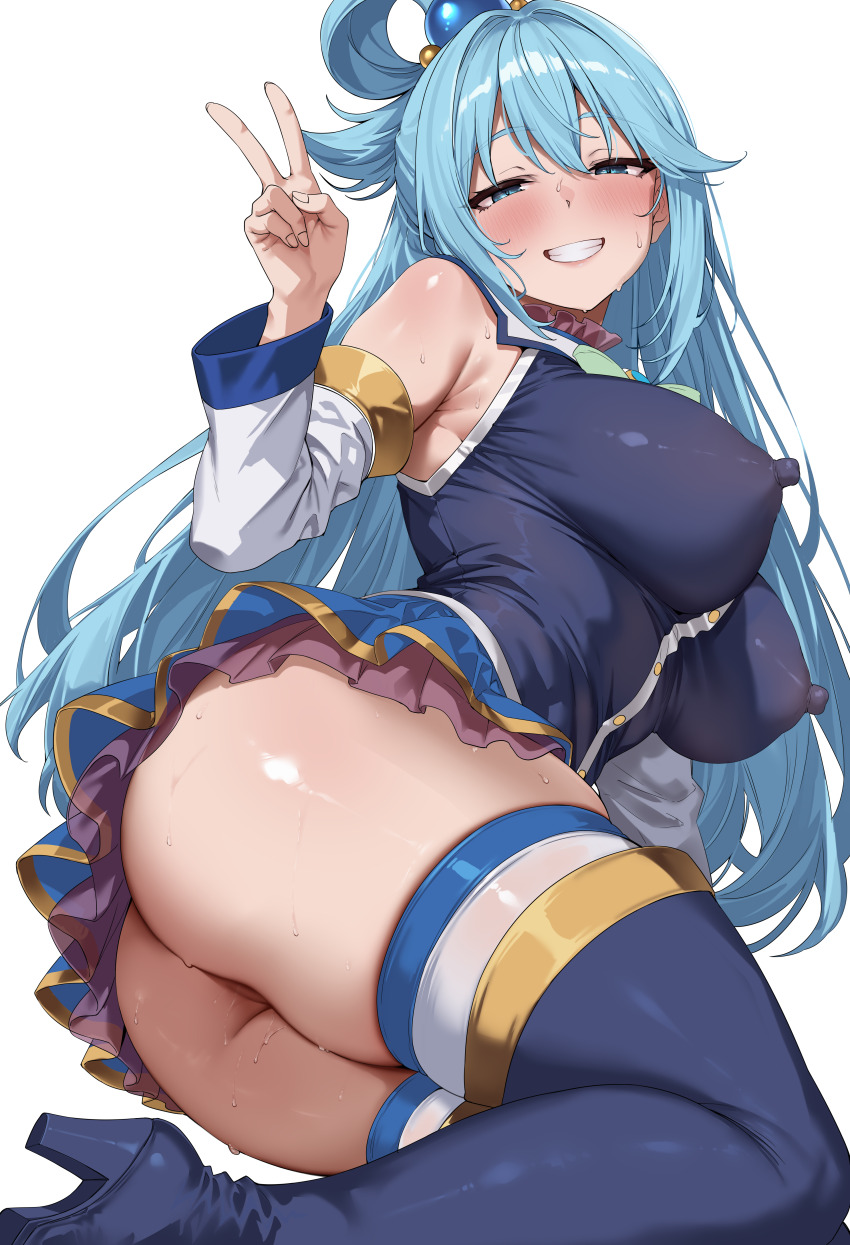 1girl :d absurdres aqua_(konosuba) armpit_crease ass bare_shoulders blue_boots blue_eyes blue_hair blue_shirt blue_skirt blush boots bow bowtie breasts covered_erect_nipples detached_sleeves green_bow green_bowtie hair_between_eyes hair_ornament hair_rings hand_up high_heel_boots high_heels highres jack_dempa kono_subarashii_sekai_ni_shukufuku_wo! large_breasts layered_skirt long_hair looking_at_viewer lying no_panties on_side open_mouth shirt single_hair_ring skindentation skirt sleeveless sleeveless_shirt smile solo sweat thick_thighs thigh_boots thighhighs thighhighs_under_boots thighs v very_long_hair
