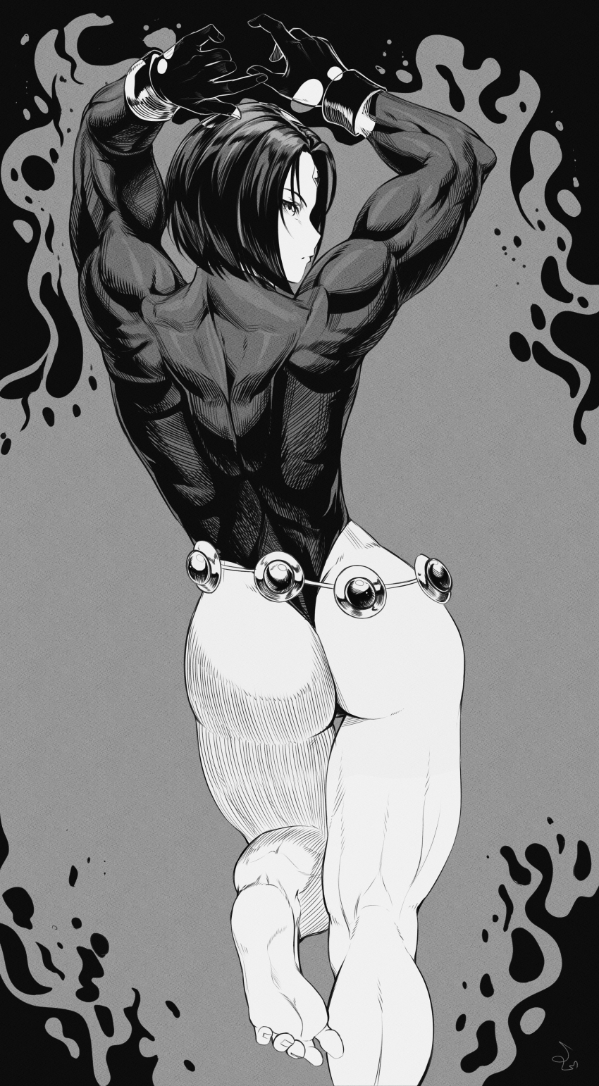 1girl absurdres ass back bare_legs biceps black_hair black_leotard dc_comics deltoids double_biceps_pose flexing forehead_jewel gloves glutes greyscale highleg highleg_leotard highres lats legs_together leotard long_sleeves looking_back magic monochrome muscular muscular_female raven_(dc) short_hair sleeved_leotard solo speedl00ver teen_titans thick_thighs thighhighs thighs thong_leotard trapezius triceps