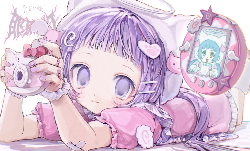 1girl :3 blunt_bangs camera crossed_bandaids dress empty_eyes frilled_dress frills hair_ornament halo heart heart_hair_ornament highres holding holding_camera jewelry long_hair looking_at_viewer lying multiple_rings nail_polish on_stomach original pink_dress puffy_short_sleeves puffy_sleeves purple_eyes purple_hair purple_nails ring short_bangs short_sleeves simple_background solo tamagotchi_(virtual_pet) white_background wrist_cuffs yamada_mipo