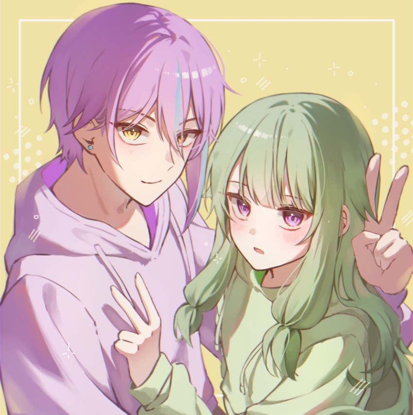 1boy 1girl asymmetrical_bangs blue_hair commentary_request earrings green_hair highres hood hood_down hoodie jewelry kamishiro_rui kusanagi_nene long_hair long_sleeves looking_at_viewer multicolored_hair open_mouth plata_0514 project_sekai purple_eyes purple_hair smile streaked_hair v yellow_background
