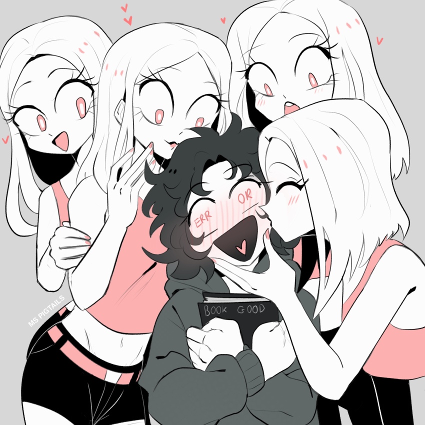 5girls bad_link belt black_hair blush book clone colored_skin error_message grey_hoodie heart highres hood hoodie kiss kissing_cheek multiple_girls pink_belt pink_nails pink_shirt shirt short_hair short_shorts shorts sky_guy_art source_request tongue white_hair white_skin yuri