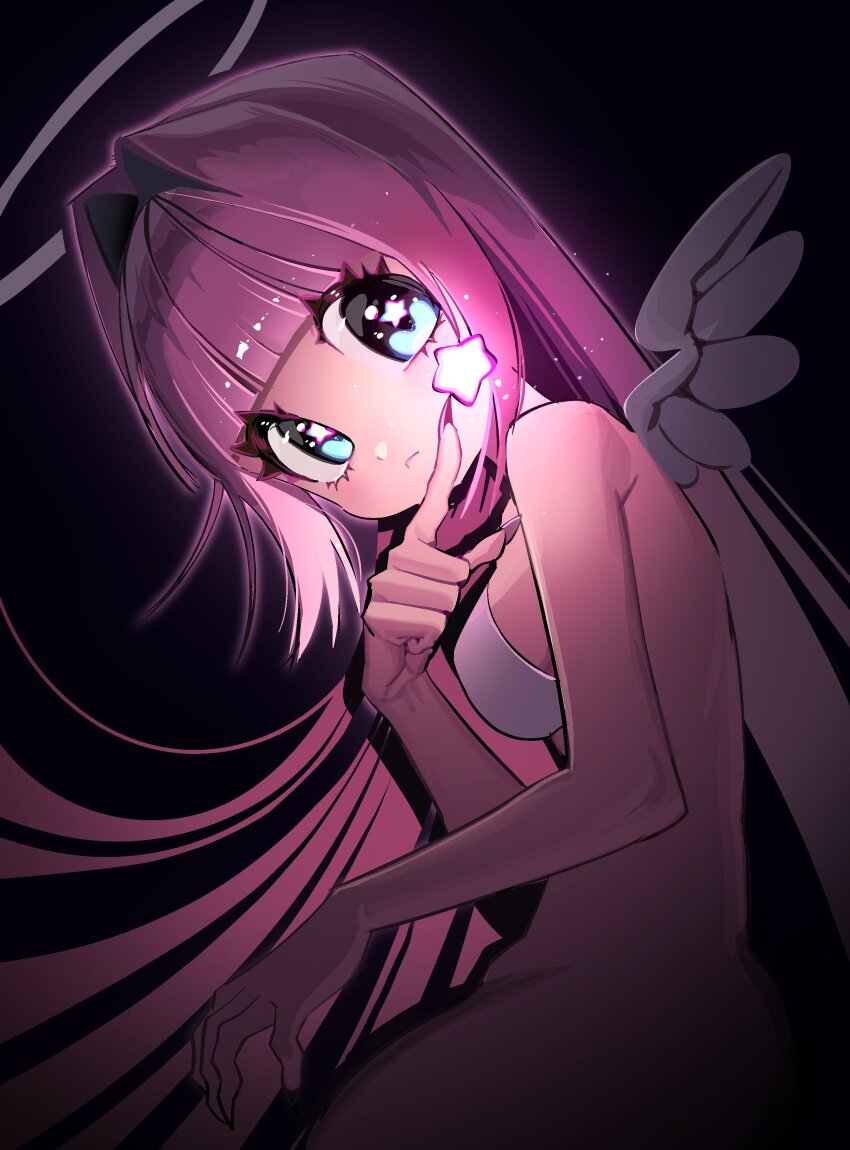 1girl absurdres angel angel_wings black_background blue_eyes blunt_bangs bra breasts commentary eyelashes glowing halo highres long_hair looking_at_viewer medium_breasts original pink_hair scocasr simple_background solo star-shaped_pupils star_(symbol) symbol-shaped_pupils underwear very_long_hair white_bra wings