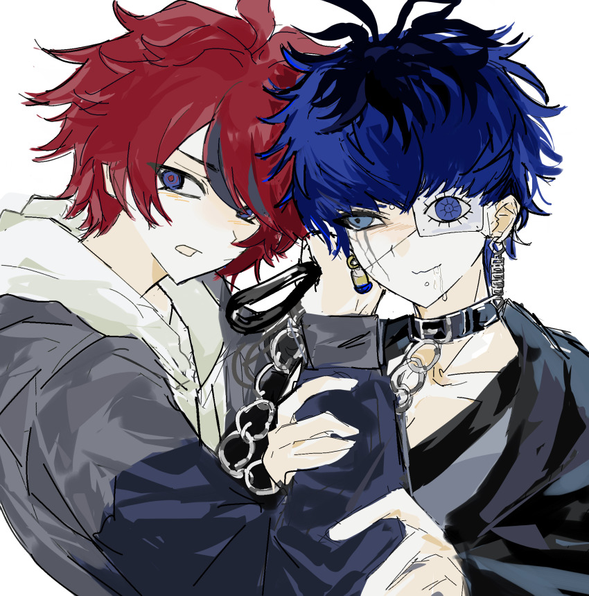 2boys black_collar black_hair black_haori blue_eyes blue_hair blue_jacket blush bridge_piercing chain chain_leash chin_piercing closed_mouth collar collarbone commentary drooling earrings eyepatch eyes_visible_through_hair face_piercing facepaint grabbing_another&#039;s_arm grey_jacket grey_kimono haori highres hood hood_down hoodie jacket jacket_over_hoodie japanese_clothes jewelry kimono leash long_sleeves male_focus mismatched_earrings multicolored_hair multicolored_jacket multiple_boys omokage_yugamu open_clothes open_jacket open_mouth piercing print_eyepatch red_hair red_pupils roots_(hair) saliva short_hair simple_background smile streaked_hair sumino_takumi symbol-only_commentary the_hundred_line_-last_defense_academy- two-tone_hair two-tone_jacket white_background white_hoodie xuebai_de_yumao_553041 yaoi