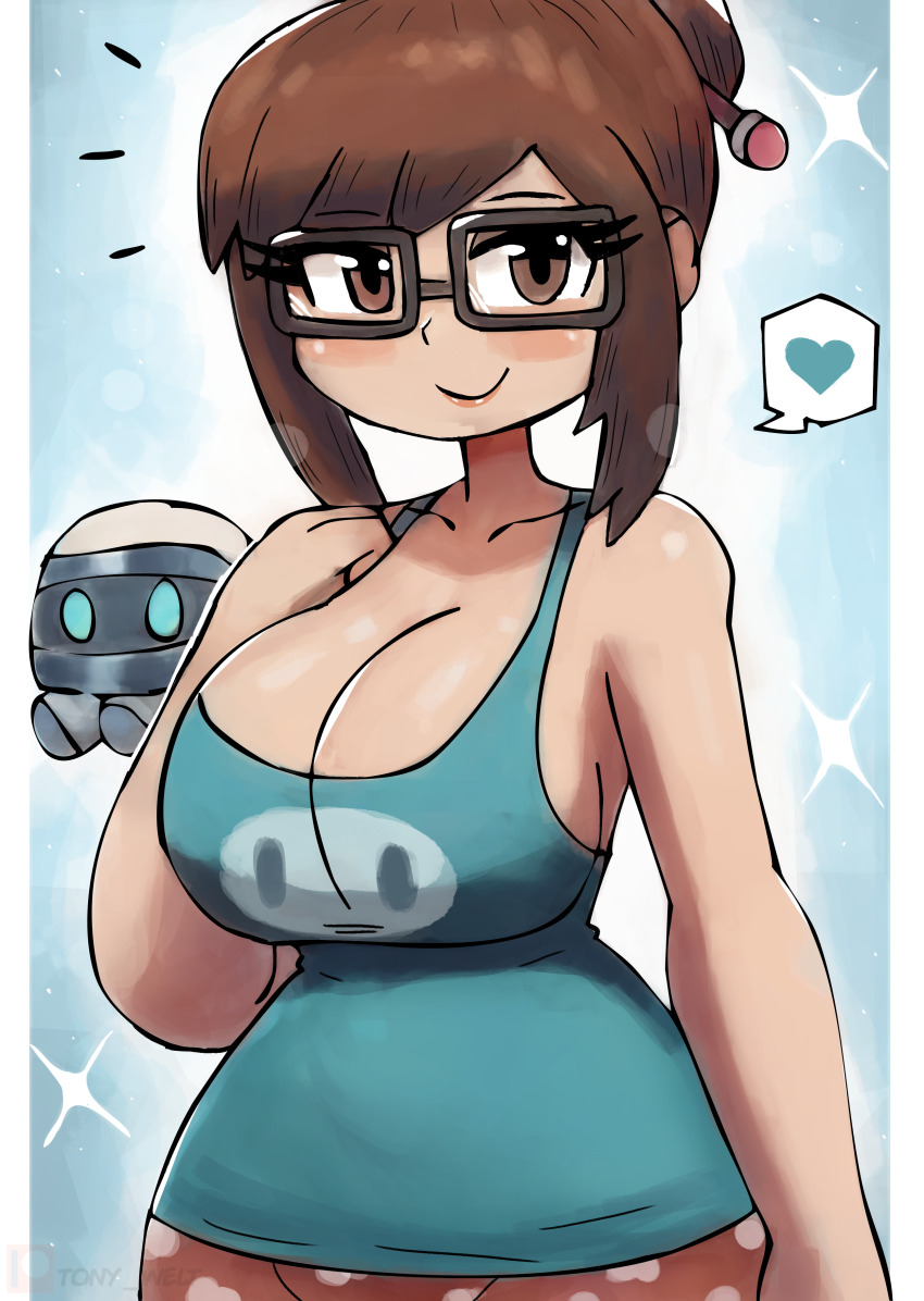 1girl absurdres blizzard_(company) blue_background blue_shirt blush breasts brown_eyes brown_hair cleavage collarbone glasses hair_bun hair_ornament hairpin hand_on_own_chest heart heart_print highres large_breasts looking_at_viewer mei_(overwatch) overwatch pajamas pants pink_pants print_pants print_shirt robot shirt smile snowball_(overwatch) sparkle speech_bubble spoken_heart standing tank_top tony_welt upper_body wide_hips