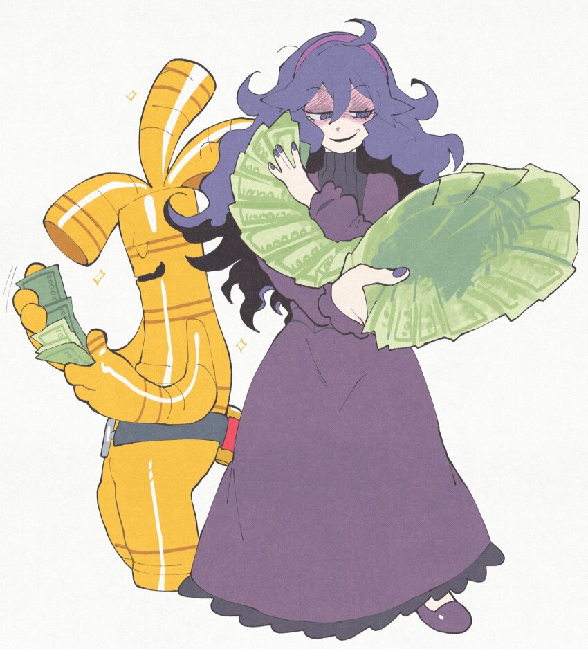 1girl closed_mouth dress full_body gholdengo hair_between_eyes hairband half-closed_eyes hex_maniac_(pokemon) highres holding holding_money inkerton-kun long_dress long_hair looking_at_object messy_hair money nintendo pokemon pokemon_(creature) pokemon_xy purple_dress purple_eyes purple_hair purple_hairband purple_nails second-party_source shoes simple_background sparkle white_background