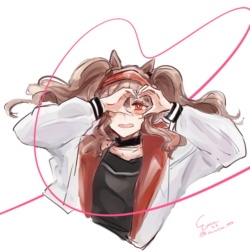 1girl angelina_(arknights) animal_ears arknights black_collar black_shirt brown_hair coat collar commentary cropped_torso dot_nose earpiece ete_(vacation_ete) floating_hair fox_ears hairband hand_over_eye hand_up heart heart_hands heart_hands_over_eye heart_of_string highres jacket long_hair long_sleeves looking_at_viewer one-hour_drawing_challenge open_clothes open_coat open_jacket open_mouth red_eyes red_hairband red_jacket shirt signature simple_background solo striped_clothes striped_hairband twintails twitter_username two-tone_hairband upper_body white_background white_coat