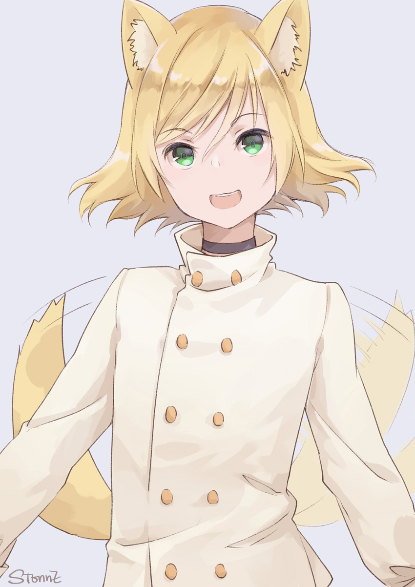 1boy animal_ears artist_name blonde_hair choker coat green_eyes highres looking_at_viewer lugh_beowulf mahou_tsukai_no_yoru male_focus open_mouth sionne7724 smile solo tail tail_wagging wolf_boy wolf_ears wolf_tail