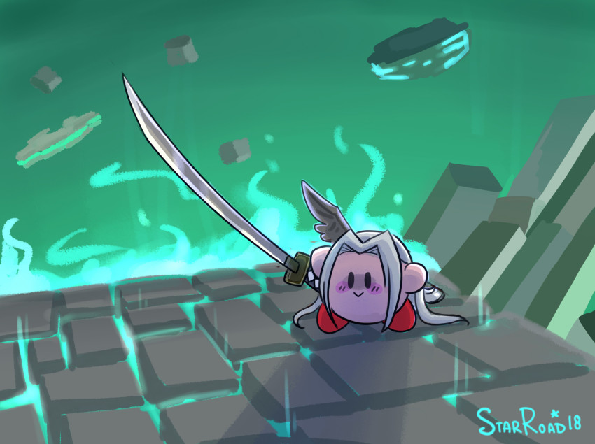 1boy :&gt; aqua_background artist_name black_eyes blush_stickers closed_mouth commentary cosplay english_commentary final_fantasy final_fantasy_vii fire fire glowing hair_intakes highres holding holding_sword holding_weapon kirby kirby_(series) long_hair masamune_(ff7) meme nintendo parted_bangs sephiroth sephiroth_(cosplay) silver_hair single_wing solid_oval_eyes star_(symbol) starroad stone_floor super_smash_bros. sword weapon wings