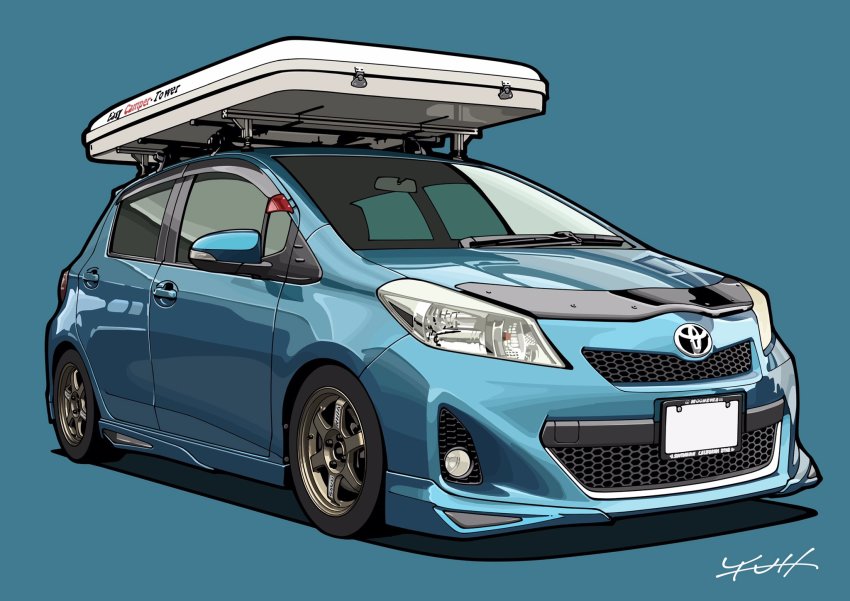 blue_background car highres logo motor_vehicle no_humans original signature solo toyota toyota_gr_yaris vehicle_focus yuh_7929