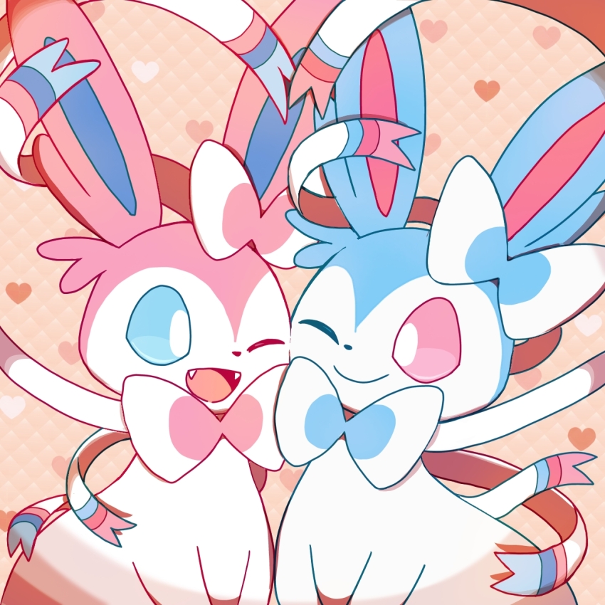 alternate_color animal_focus blue_bow blue_bowtie blue_sclera bow bowtie cheek-to-cheek closed_mouth colored_sclera ear_bow eye_contact fangs gen_6_pokemon happy heads_together heart heart_background highres looking_at_another monya nintendo no_humans one_eye_closed open_mouth pink_bow pink_bowtie pink_sclera pokemon pokemon_(creature) ribbon shiny_and_normal shiny_pokemon smile sylveon symmetry traditional_bowtie white_eyes white_ribbon