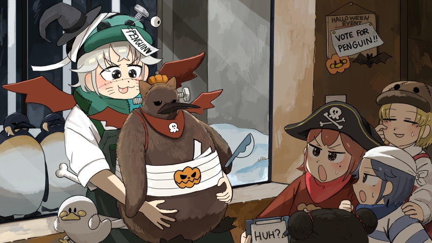 5girls :o absurdres animal bird black_hair blonde_hair blue_hair blue_shirt bone commentary diva_(hyxpk) donut_stamp double_bun duck english_commentary fake_whiskers grey_hair hair_bun halloween halloween_costume hat highres holding holding_animal holding_bird king_penguin lion_shirt_girl_(diva) multiple_girls penguin penguin_fan_(diva) penguin_hat penguin_keeper_(diva) pirate_hat red_hair red_shirt seal_puppet shirt short_hair slice_of_life striped_clothes striped_shirt survey_girl_(diva) sweatdrop tongue tongue_out two-tone_shirt white_shirt wings witch_hat zoo zookeeper zookeepers_(diva)