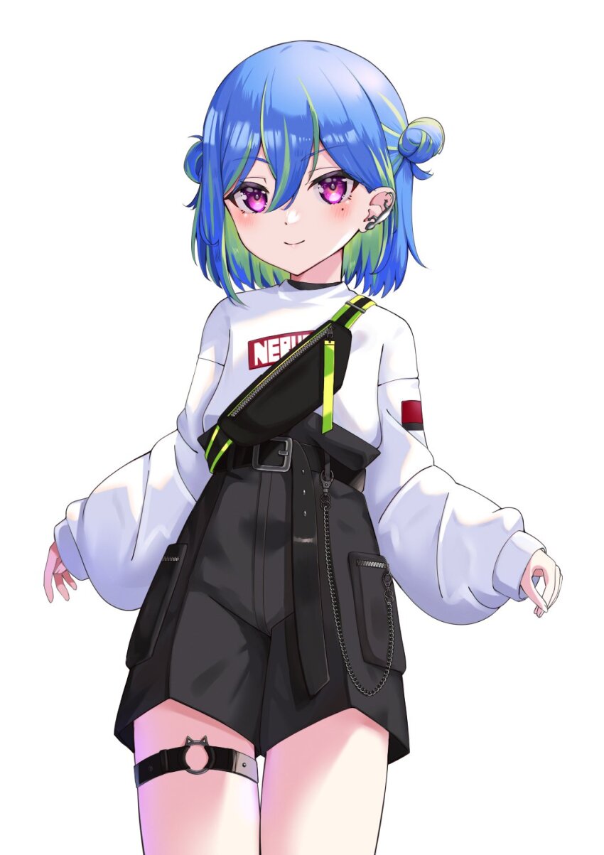 1girl belt black_belt black_shorts blue_hair blush chain closed_mouth cowboy_shot cucurbita_pepo double_bun fingernails flat_chest green_hair hair_between_eyes hair_bun high-waist_shorts highres long_bangs long_sleeves looking_at_viewer mole mole_under_eye multicolored_hair nanashi_inc. o-ring o-ring_thigh_strap official_alternate_costume pink_eyes pocket short_hair shorts simple_background single_strap smile solo suzumi_nemo suzumi_nemo_(2nd_costume) sweater thigh_strap two-tone_hair virtual_youtuber white_background white_sweater