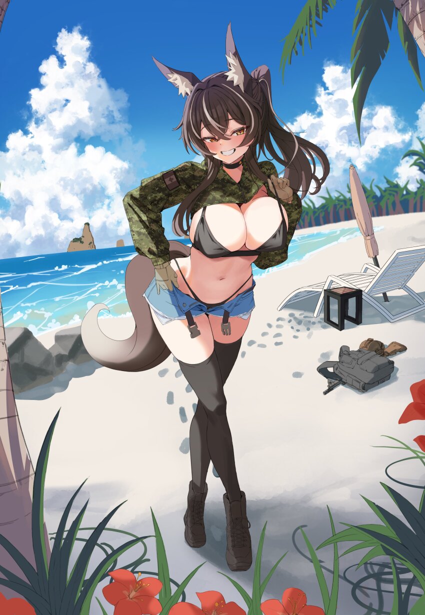 absurdres animal_ears backpack bag beach black_footwear blue_sky breasts brown_eyes brown_hair cadpat callisto_(greyeth) canadian_flag choker cloud commission crop_top fox_ears fox_girl fox_tail highres large_breasts leaf maple_leaf ocean original palm_tree short_shorts shorts sky smile tail td_(tandeom97) thighhighs torn_clothes torn_shorts tree