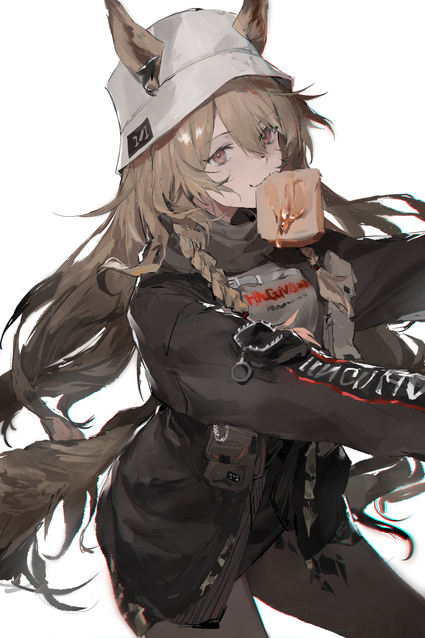 1girl absurdres animal_ears arknights black_jacket black_scarf braid bread bread_slice bucket_hat ceobe_(arknights) ceobe_(unfettered)_(arknights) dog_ears dog_girl dog_tail dolphin_earrings ears_through_headwear efjun food food_in_mouth hat highres honey jacket official_alternate_costume orca_hair_ornament scarf side_braids solo tail white_hat