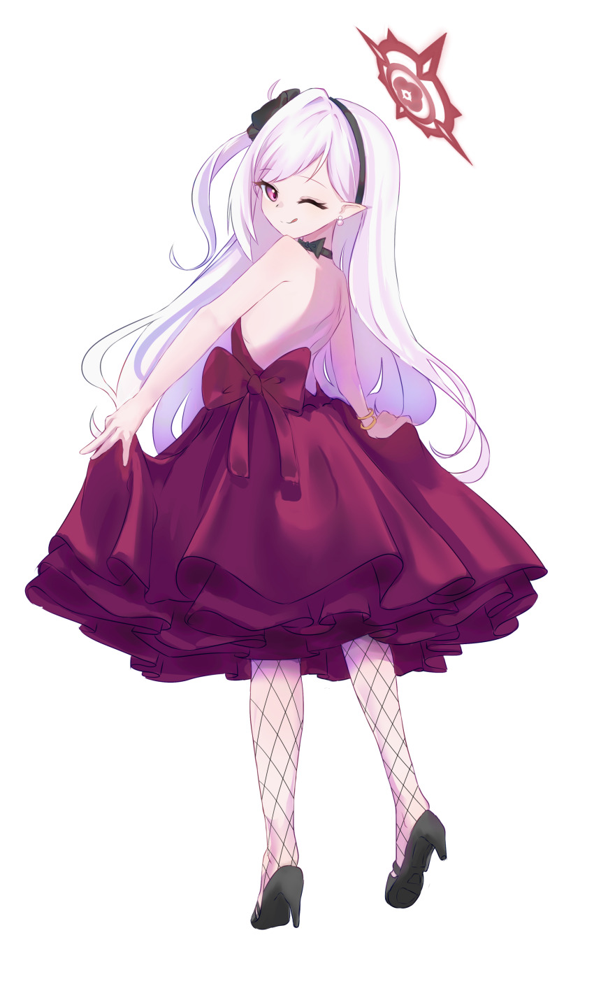 1girl absurdres black_choker black_hairband blue_archive bow choker clothes_lift commentary_request dated_commentary dress dress_bow dress_lift fishnet_pantyhose fishnets full_body hairband halo high_heels highres long_hair looking_at_viewer mutsuki_(blue_archive) mutsuki_(dress)_(blue_archive) official_alternate_costume official_alternate_hairstyle one_eye_closed pantyhose pointy_ears purple_eyes red_dress red_halo simple_background sleeveless sleeveless_dress solo standing sw0ng tongue tongue_out white_background white_hair