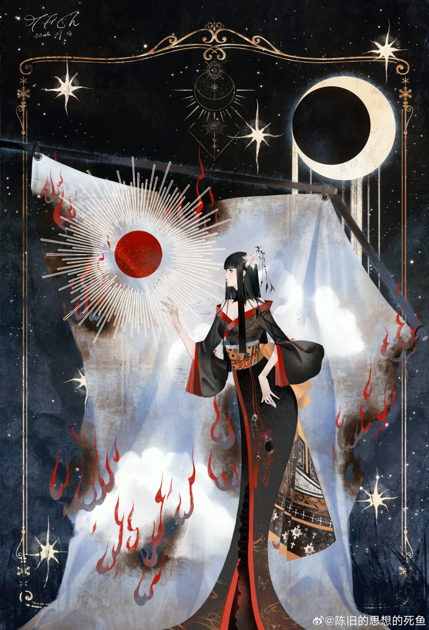1girl absurdres black_hair black_kimono blunt_bangs blunt_ends border burning burnt chenjiu_de_sixiang_de_si_yu chinese_commentary commentary_request crescent_moon dated feet_out_of_frame final_fantasy final_fantasy_xiv fire flower hair_flower hair_ornament hand_up highres hyur inrou inset_border japanese_clothes kimono long_hair moon night obi obiage obijime off_shoulder ornate_border profile red_fire red_trim sash signature sky solo standing star_(sky) starry_sky straight_hair watermark weibo_watermark yotsuyu_goe_brutus
