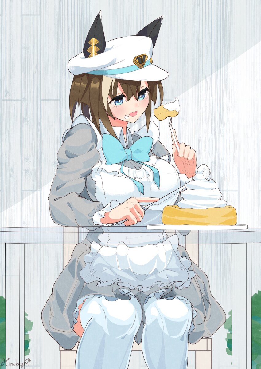 1girl absurdres alternate_costume animal_ears apron blue_bow blue_eyes blush bow breasts brown_hair cake chair cheval_grand_(umamusume) dress eating food fork grey_dress hair_between_eyes hat highres hinokey_(hinokey0126) holding holding_food holding_fork holding_knife horse_ears horse_girl knife large_breasts long_hair maid maid_apron multicolored_hair on_chair open_mouth peaked_cap sitting solo streaked_hair thighhighs umamusume whipped_cream white_apron white_hair white_hat white_thighhighs