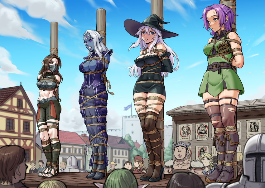 4girls black_dress black_sclera blue_eyes blue_skin blue_sky boots breasts brown_hair cleavage clenched_teeth colored_sclera colored_skin crop_top crowd dress green_shorts green_tunic hat high_heels highres large_breasts long_hair midriff multiple_girls original outdoors pointy_ears purple_eyes purple_hair purple_shirt purple_skirt root001 sandals shibari shirt shoes short_dress shorts skirt sky teeth thighhighs tied_to_stake tunic white_hair witch witch_hat