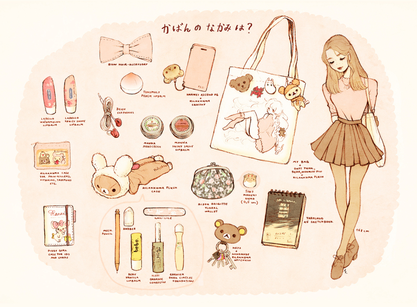 1girl bag bow brown_hair brown_pantyhose brown_skirt charm_(object) coin_purse cosmetics daft_punk earbuds earphones english_text eyelashes full_body lipstick_tube makeup maneki-neko mechanical_pencil melllorine moomin moomintroll nail_file original pantyhose pencil pink_bow pink_shirt pleated_skirt rilakkuma san-x shirt sketchbook skirt solo translation_request