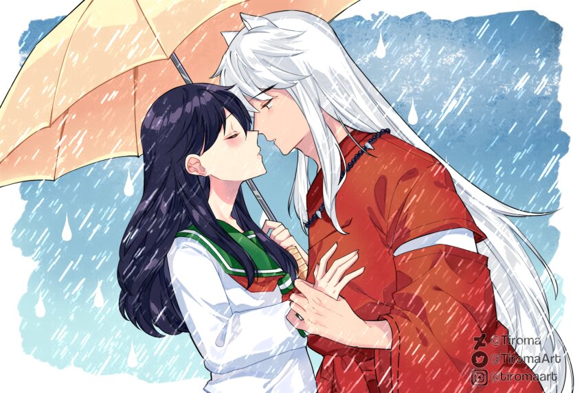 1boy 1girl absurdres animal_ears bead_necklace beads black_hair blush closed_eyes couple dog_boy dog_ears green_sailor_collar hair_between_eyes half-closed_eyes hetero highres higurashi_kagome holding holding_another&#039;s_wrist holding_umbrella imminent_kiss instagram_username inuyasha inuyasha_(character) japanese_clothes jewelry long_hair neckerchief necklace parted_lips rain red_neckerchief red_shirt sailor_collar school_uniform shirt sidelocks tiroma tooth_necklace twitter_username umbrella upper_body white_hair