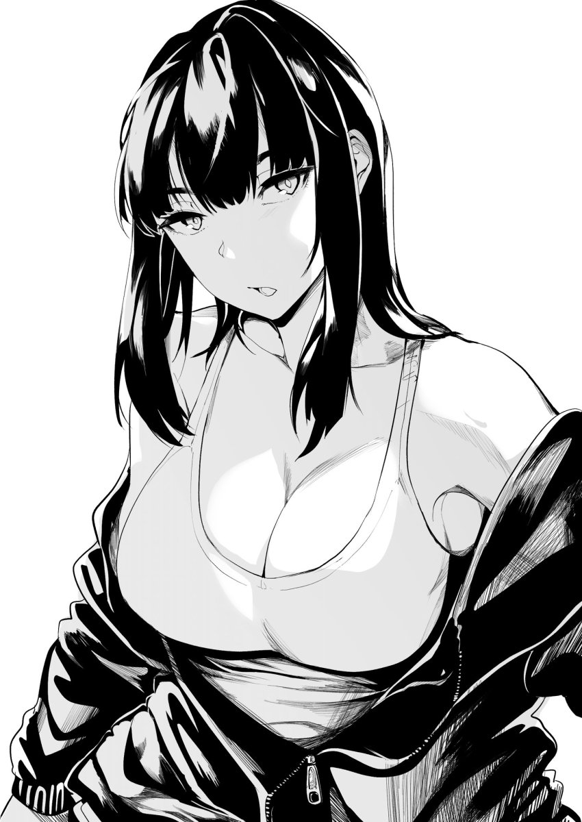 1girl :o bare_shoulders breasts cleavage collarbone greyscale hair_between_eyes highres jitome large_breasts long_hair looking_at_viewer lynus monochrome naoko_(lynus) off_shoulder original simple_background solo