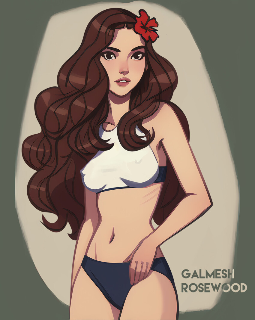 1girl artist_name black_eyes breasts brown_hair commentary covered_erect_nipples cowboy_shot english_commentary flower galmesh_rosewood hair_flower hair_ornament highres long_hair medium_breasts navel original parted_lips red_flower ribs simple_background solo sports_bikini