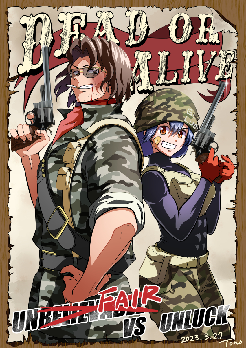 1boy 1girl abs absurdres alternate_hair_color artist_name bandaid bandaid_on_cheek bandaid_on_face bandana bandana_around_neck belt belt_pouch billy_alfred bleeding blood blue_hair brown_eyes camouflage camouflage_headwear camouflage_pants camouflage_shirt character_name cigarette dated english_text glint gloves gun hand_on_own_hip handgun highres holding holding_gun holding_weapon izumo_fuuko long_sleeves mouth_hold pants pouch red_bandana red_gloves revolver shirt sleeves_rolled_up sunglasses tono0185 undead_unluck weapon
