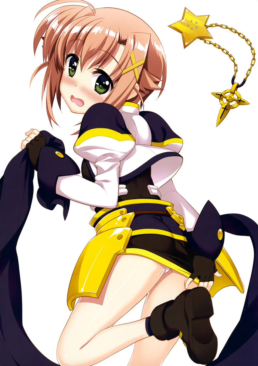 1girl absurdres ahoge ass black_cape black_dress black_footwear black_gloves black_legwear black_sleeve_ends blush breasts cape cosplay cropped_jacket dress dress_tug embarrassed fingerless_gloves from_behind fujima_takuya gloves gold_trim green_eyes hair_ornament hand_on_own_ass highres holding holding_unworn_cape holding_unworn_clothes jacket juliet_sleeves leg_up light_brown_hair long_sleeves looking_at_viewer looking_back lyrical_nanoha mahou_shoujo_lyrical_nanoha_vivid miura_rinaldi official_art panties pantyshot puffy_sleeves scan schwertkreuz schwertkreuz_(standby_form) short_dress short_hair simple_background small_breasts socks standing star_saber_(nanoha) tight_clothes tight_dress underwear unworn_cape wavy_mouth white_background white_jacket white_panties x_hair_ornament yagami_hayate yagami_hayate_(cosplay)
