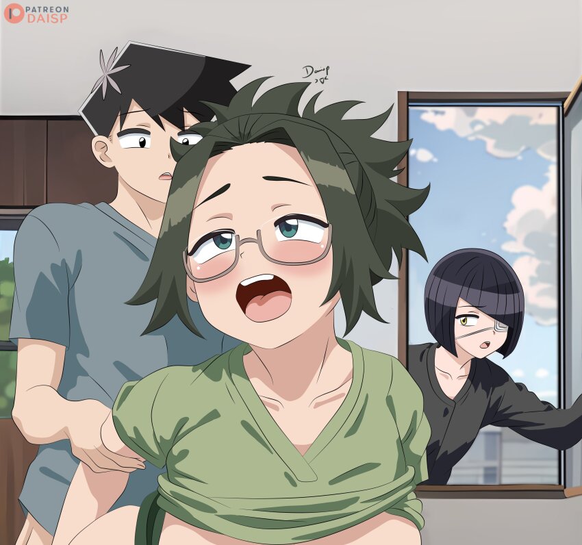 1boy 2girls absurdres agari_himiko black_eyes black_hair black_shirt blush clothes_lift collarbone diagonal_bangs embarrassed eyepatch glasses green_eyes green_hair green_shirt grey_shirt hetero highres hmangadd holding_another&#039;s_arm implied_sex indoors komi-san_wa_komyushou_desu long_sleeves looking_at_another looking_up multiple_girls nakanaka_omoharu open_mouth open_window paid_reward_available patreon_logo patreon_username semi-rimless_eyewear shirt shirt_lift short_hair short_sleeves standing tadano_hitohito teeth under-rim_eyewear upper_body upper_teeth_only window yellow_eyes