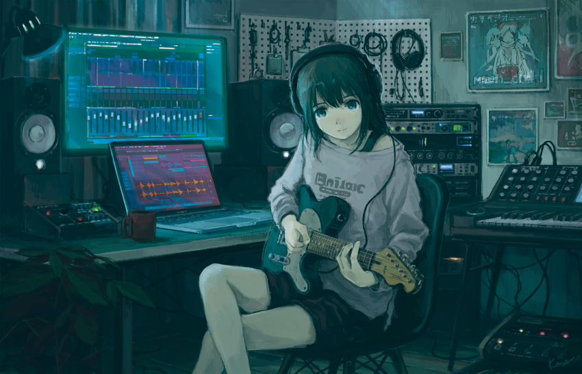1girl black_hair computer desk electric_guitar graphic_equalizer guitar headphones highres indoors instrument kensight328 keyboard_(instrument) lamp laptop looking_at_viewer original plant potted_plant short_shorts shorts sitting smile solo speaker