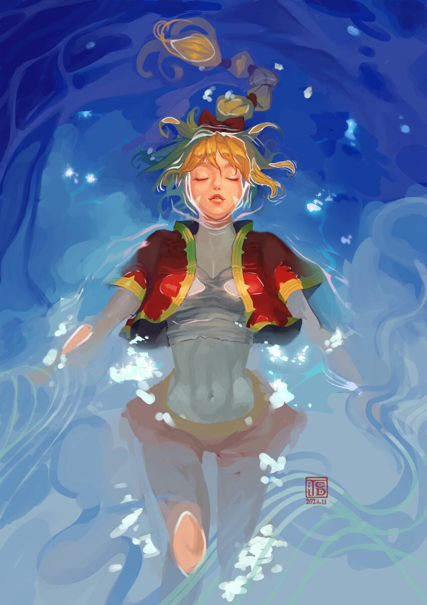1girl abs absurdres afloat blonde_hair breasts chrono_cross closed_eyes crop_top cropped_jacket dated facial_mark feet_out_of_frame fumezu1 gold_trim hair_between_eyes hair_ribbon highres jacket kid_(chrono_cross) long_hair medium_breasts midriff miniskirt multi-tied_hair navel red_jacket red_ribbon red_skirt ribbon shirt short_sleeves signature skirt solo torn_clothes torn_shirt water white_shirt
