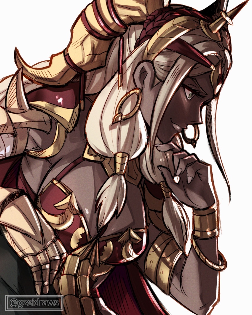 1girl armor blonde_hair bracelet breasts cleavage dark-skinned_female dark_skin earrings fire_emblem fire_emblem:_fortune&#039;s_weave gold_bracelet gold_earrings gzei highres hoop_earrings jewelry nintendo solo theodora_(fire_emblem)