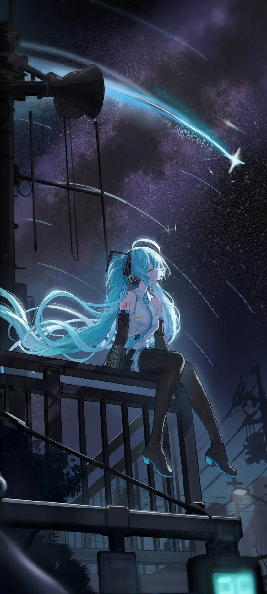 1girl absurdres arm_tattoo black_boots black_skirt black_sleeves blue_cat_(bilibili_3714474) blue_hair blue_necktie boots closed_eyes comet detached_sleeves galaxy hatsune_miku high_heel_boots high_heels highres long_hair looking_up necktie night night_sky number_tattoo shirt sidelocks sitting skirt sky solo tattoo thigh_boots twintails very_long_hair vocaloid white_shirt