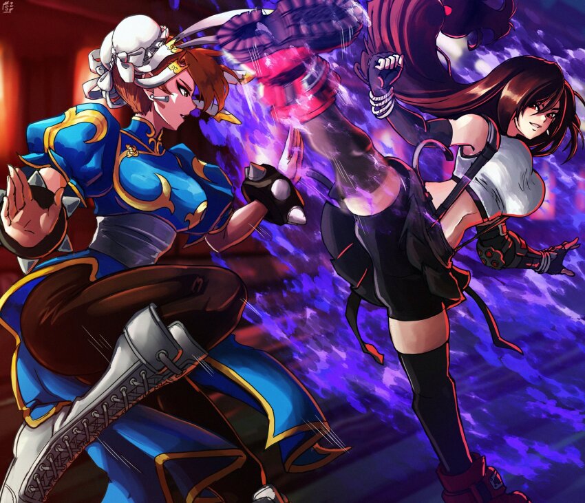 2girls aura bracelet breasts brown_eyes brown_hair capcom chun-li crossover double_bun earrings elbow_gloves fighting final_fantasy final_fantasy_vii fingerless_gloves gloves glowing hair_bun highres jewelry kicking knee_up leg_up legs long_hair looking_at_another midriff multiple_girls red_eyes red_footwear short_hair short_sleeves shorts smile spiked_bracelet spikes square_enix stoic_seraphim street_fighter street_fighter_ii_(series) tifa_lockhart white_footwear