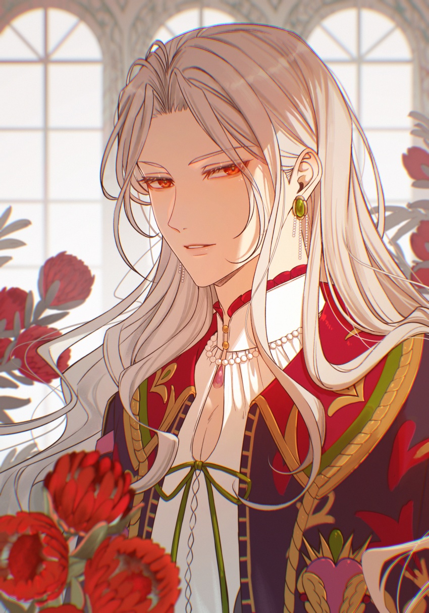 1boy absurdres bead_necklace beads earrings ensemble_stars! flower grey_hair hashtag-only_commentary highres jewelry long_hair male_focus mythos_(ensemble_stars!) necklace official_alternate_costume parted_lips ran_nagisa red_eyes red_flower sideways_glance solo upper_body window yuko_(chiyuyaku)